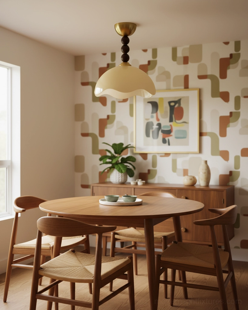 Cream-colored Wave Coralia semi-flush light installed above mid-century modern dining room table