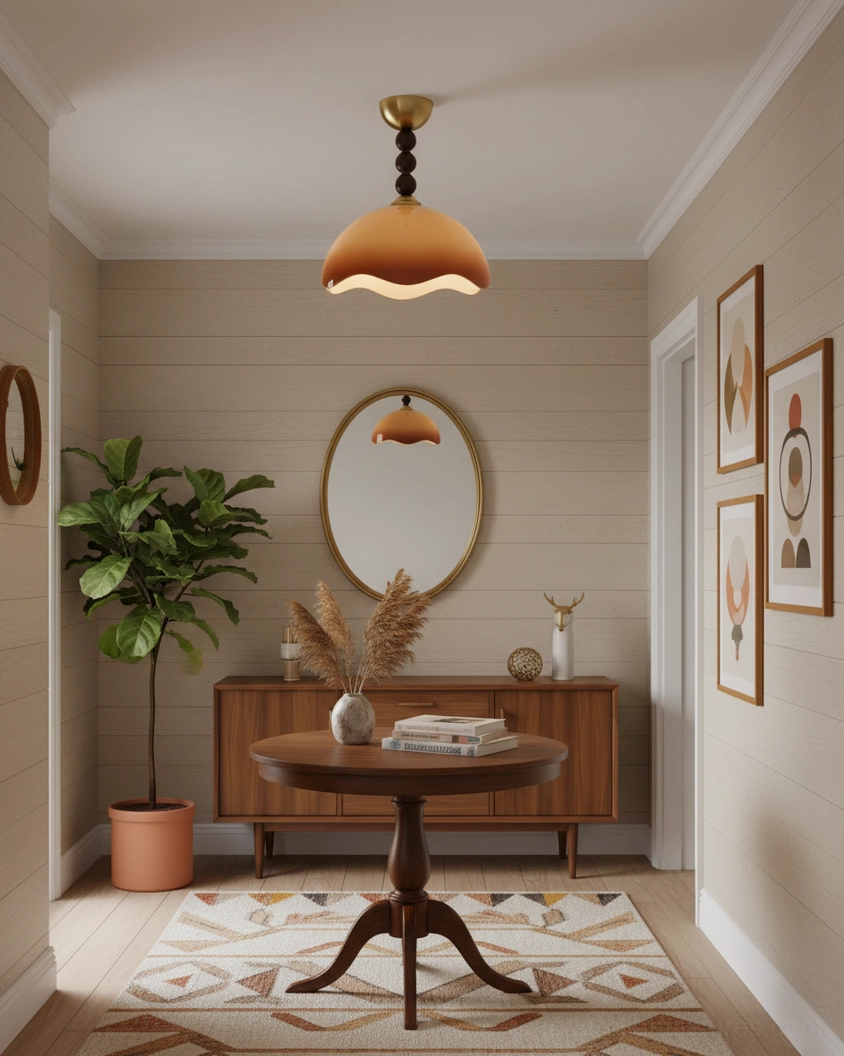 Warm-tone Wave Coralia vintage-inspired ceiling light in contemporary entryway with console table and wall art