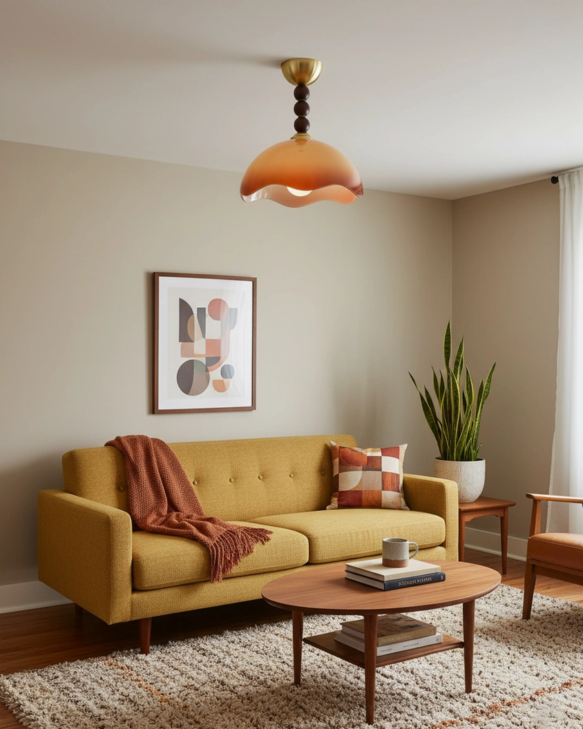 Wave Coralia mid-century modern ceiling light casting warm ambient glow in contemporary living room lounge