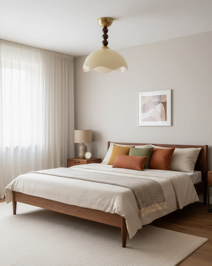 Wave Coralia vintage-inspired semi-flush ceiling light with warm brown wavy glass and wooden bead stem