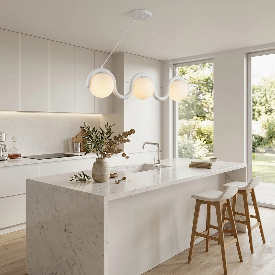 Linear wave metal frame pendant fixture demonstrating sculptural undulating design and rhythm