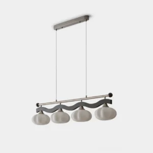 Modern wave linear chandelier with frosted glass domes and wavy black metal frame - studio product view