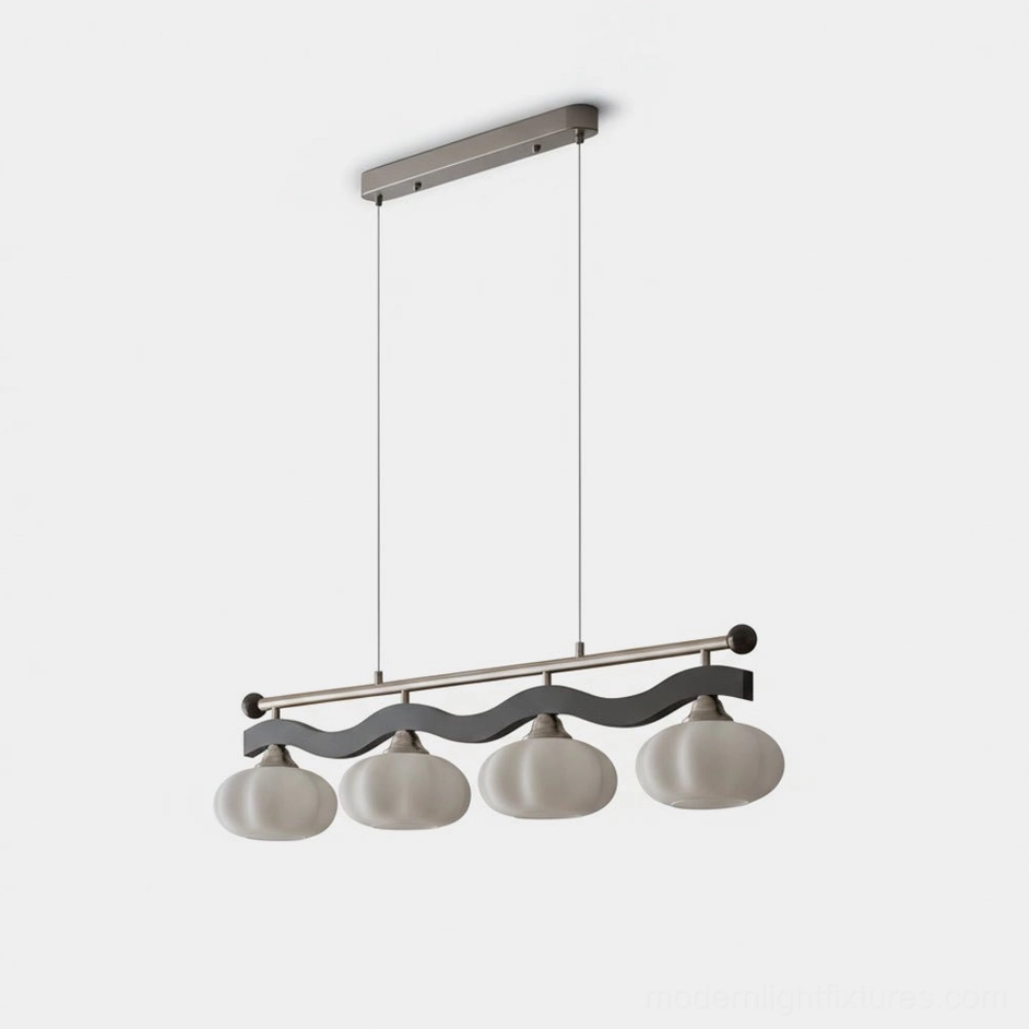 Modern wave linear chandelier with frosted glass domes and wavy black metal frame - studio product view