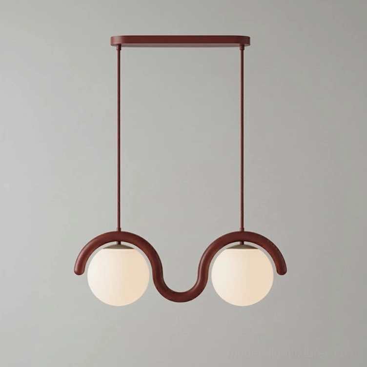 Modern wave-frame pendant light installation showing adjustable wire suspension and ceiling mount