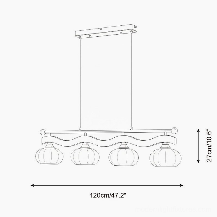 Orthographic technical drawing of 4-head wave linear chandelier with pumpkin glass shades 120cm length 27cm height