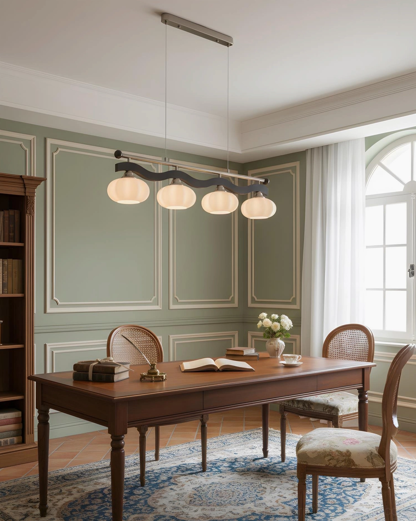 Linear wave pendant chandelier with glowing frosted glass shades providing ambient lighting over kitchen counter