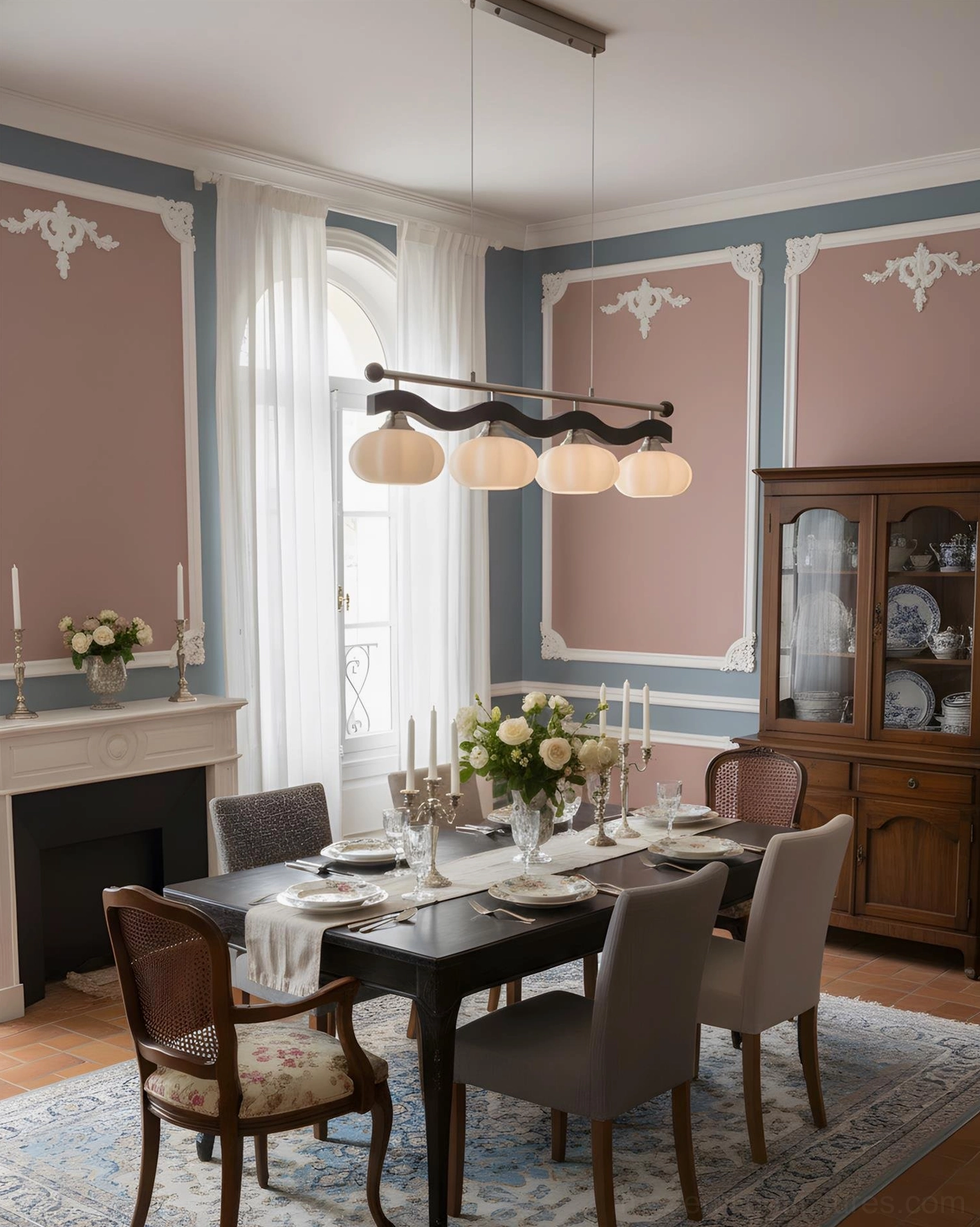 Wavy frame linear chandelier with rounded glass shades creating romantic ambient lighting in vintage dining room setting