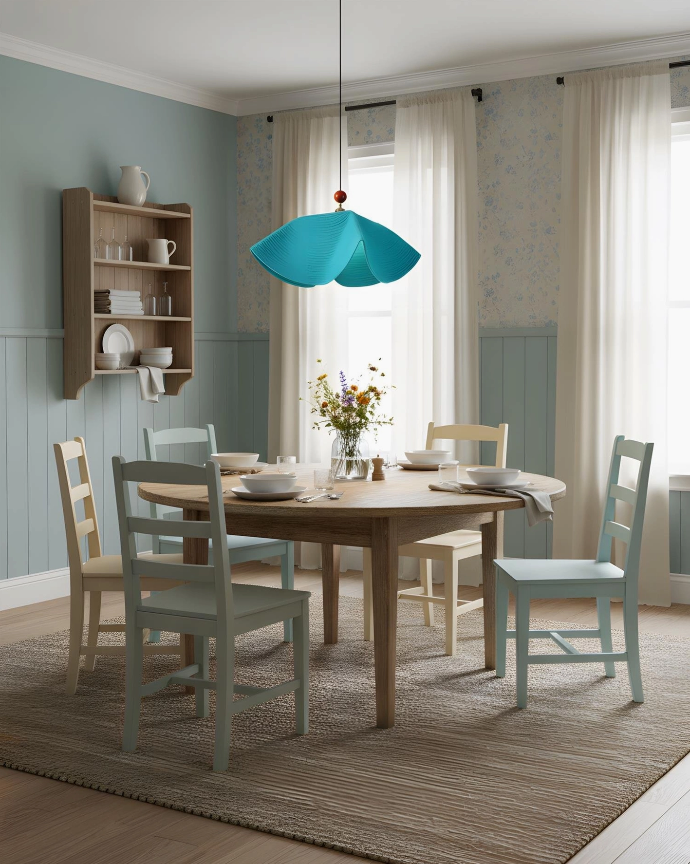 Contemporary wave pendant light in eclectic bohemian interior with mixed textures