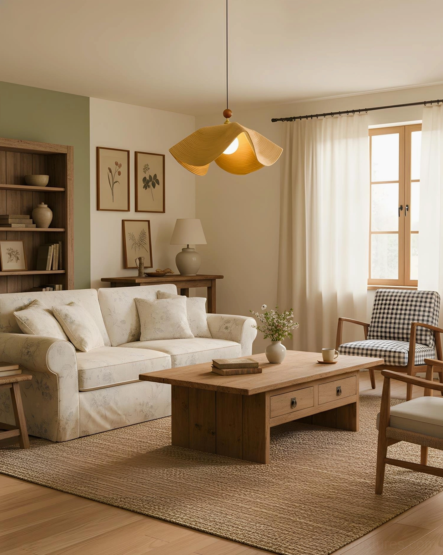 Light tan wave pendant light in bright cottage living room with bookshelves and green accent wall