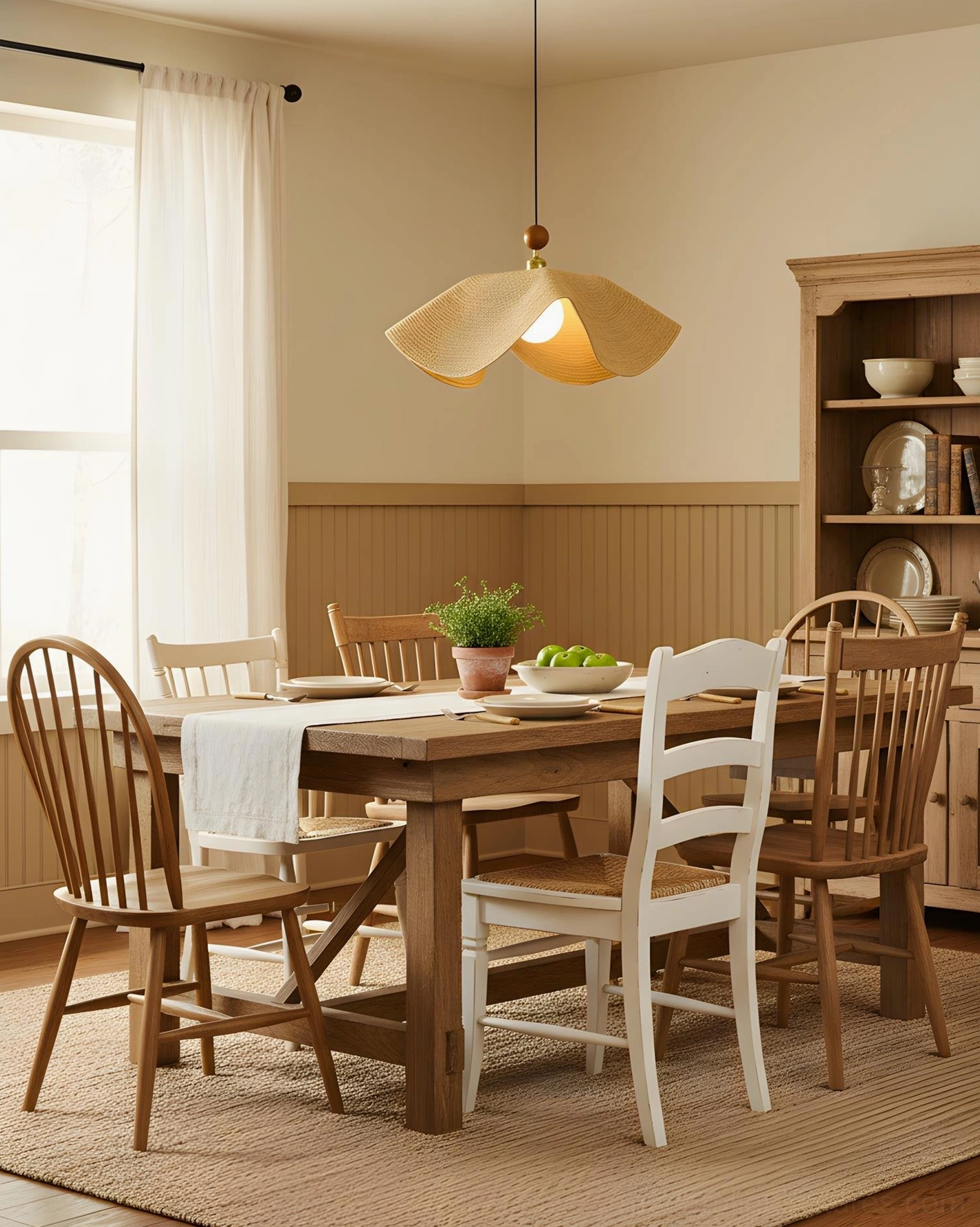 Wave pendant light casting soft glow in casual dining space with natural wood furniture