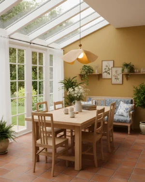 Tan wave pendant light in farmhouse dining room with skylit ceiling and neutral décor