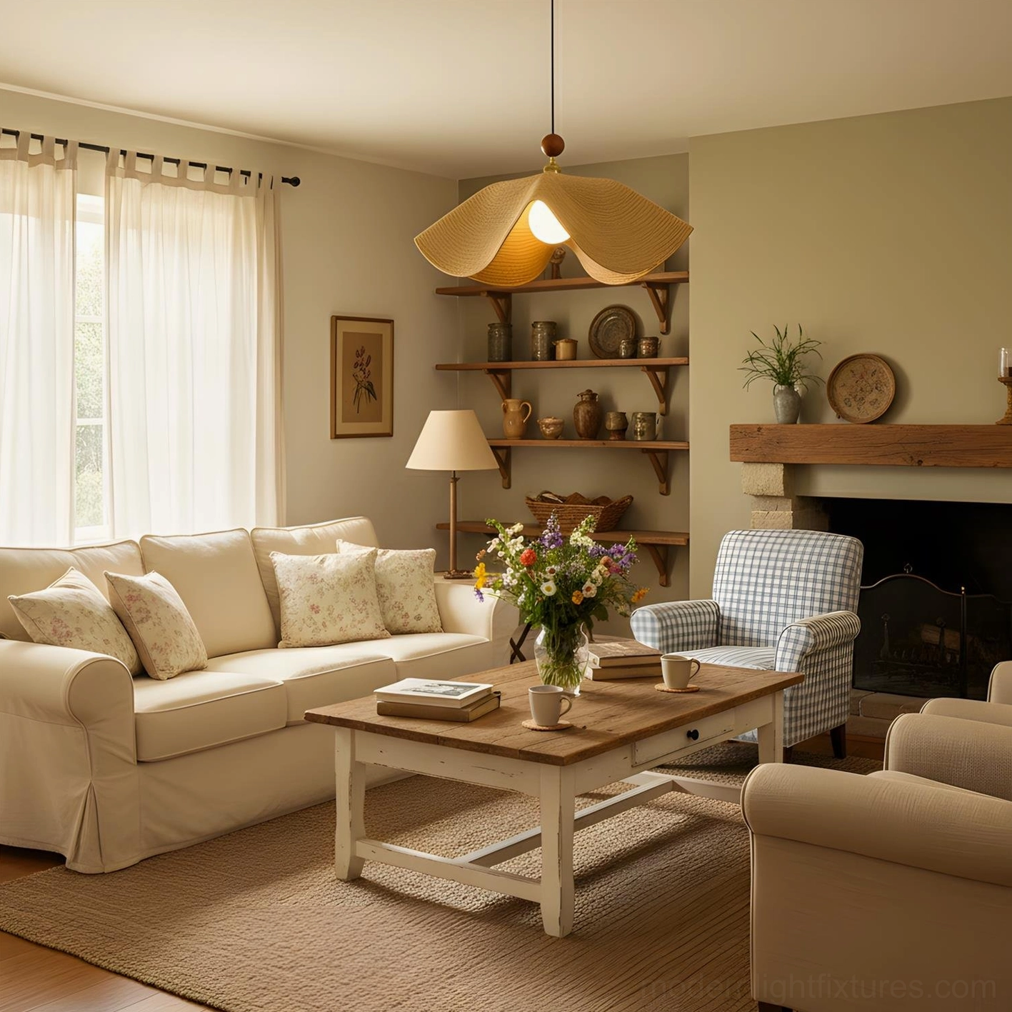 Neutral wave pendant light illuminating cozy farmhouse living room with fireplace