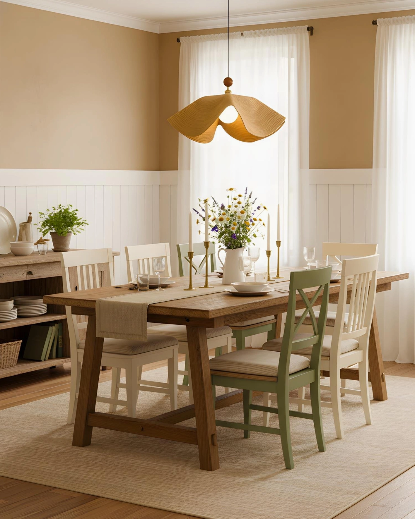 Organic wave pendant light in Scandinavian minimalist interior with natural elements