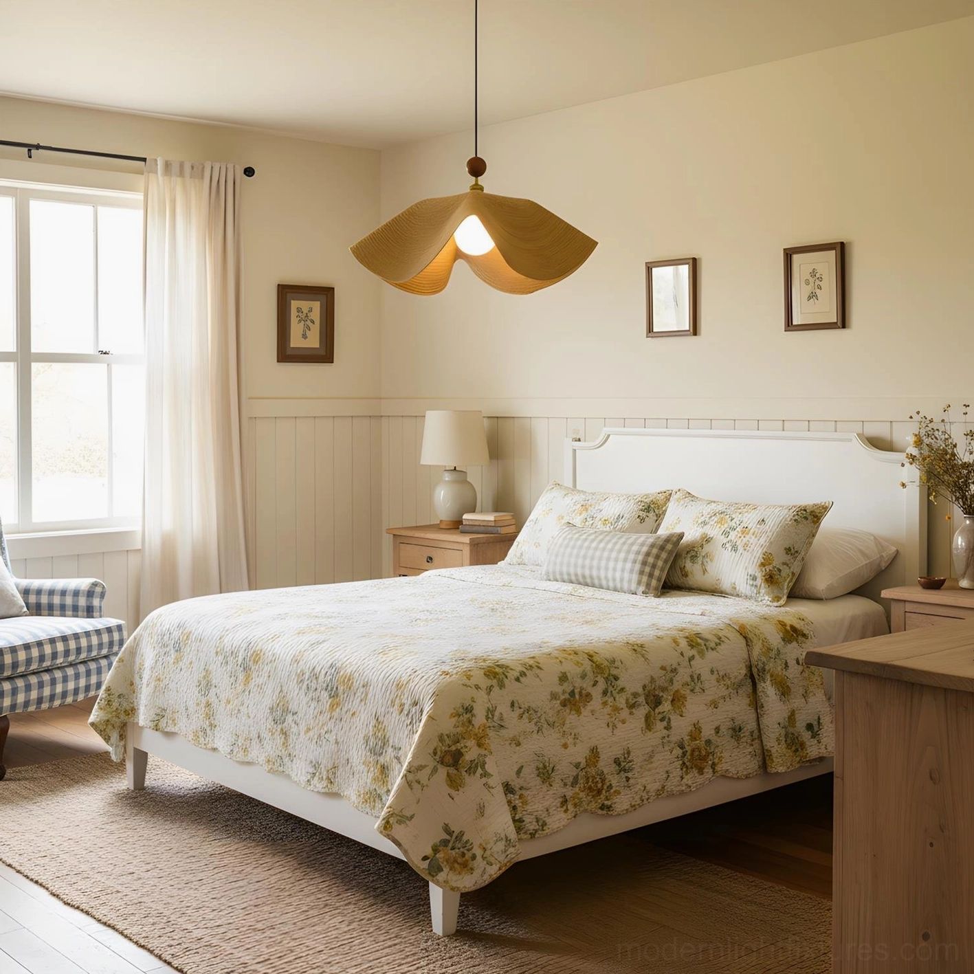 Wave pendant light with walnut wood tone and brass hardware architectural detail