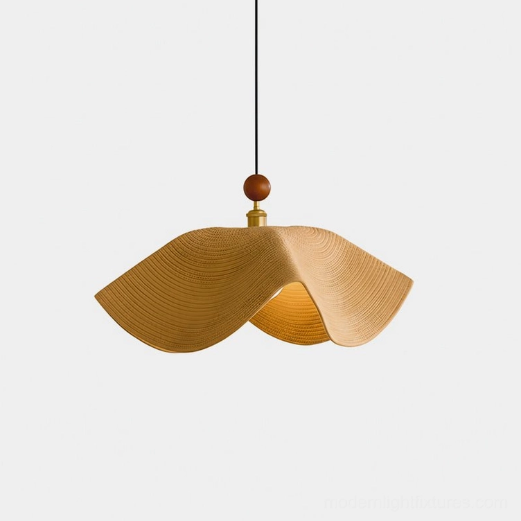 Wave pendant light with natural woven fabric shade and wooden sphere detail, studio front view