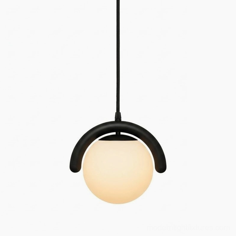 Linear wave pendant light showing sculptural metal frame and frosted glass globe materials