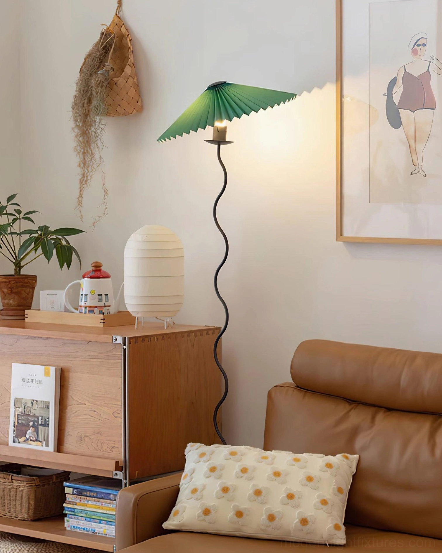 Wave-shaped floor lamp in warm interior lighting - contemporary sculptural lamp for modern home design