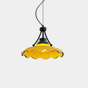 Wavelet yellow frosted glass pendant light with black metal fixture, front studio view showcasing ribbed scalloped shade design