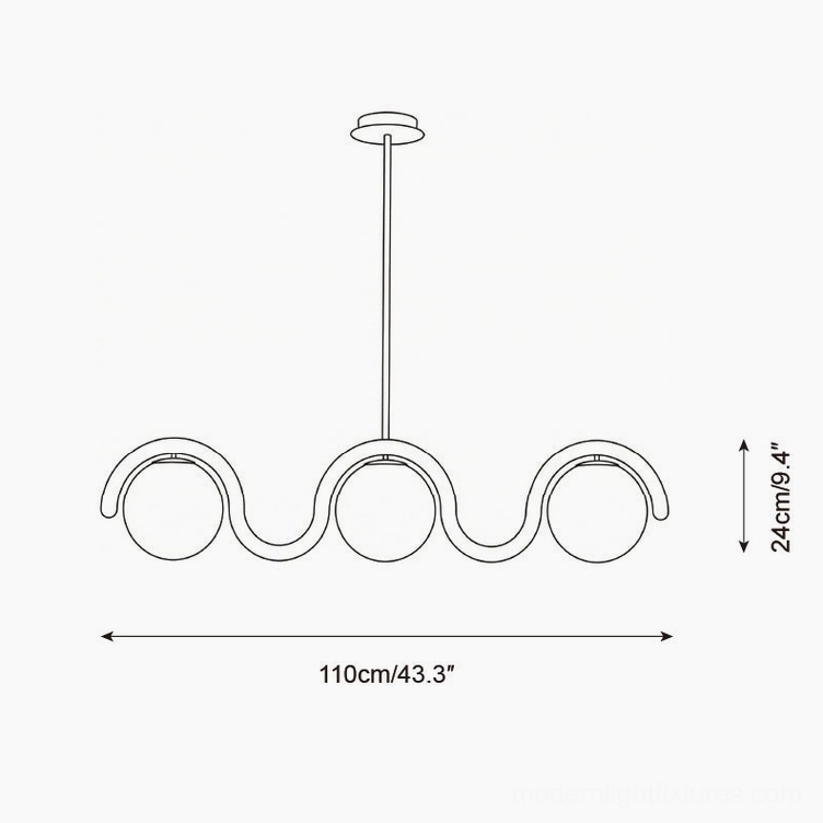 Technical schematic drawing of 3-light wavora chandelier showing dimensions 110cm length and 24cm height