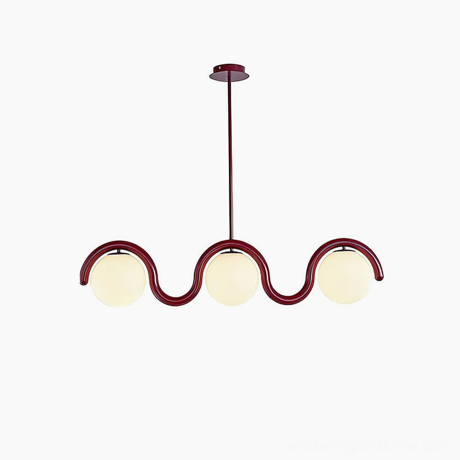 Modern 3-light wavy linear chandelier with red metal frame frosted white glass diffusers
