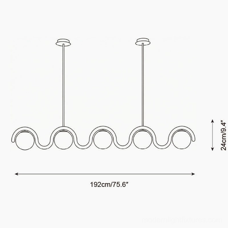 Technical schematic drawing of 5-light wavora chandelier showing dimensions 192cm length and 24cm height