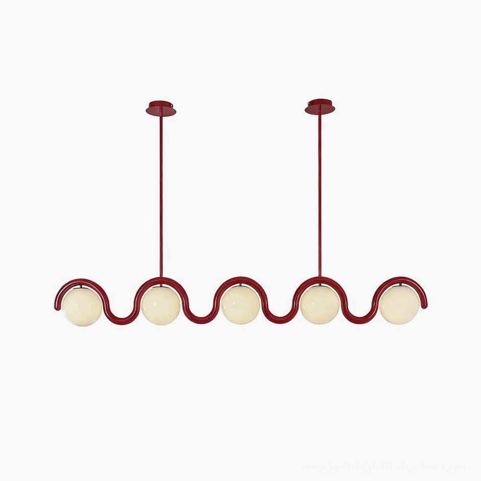 Modern 5-light wavy linear chandelier with red metal frame and frosted white glass shades