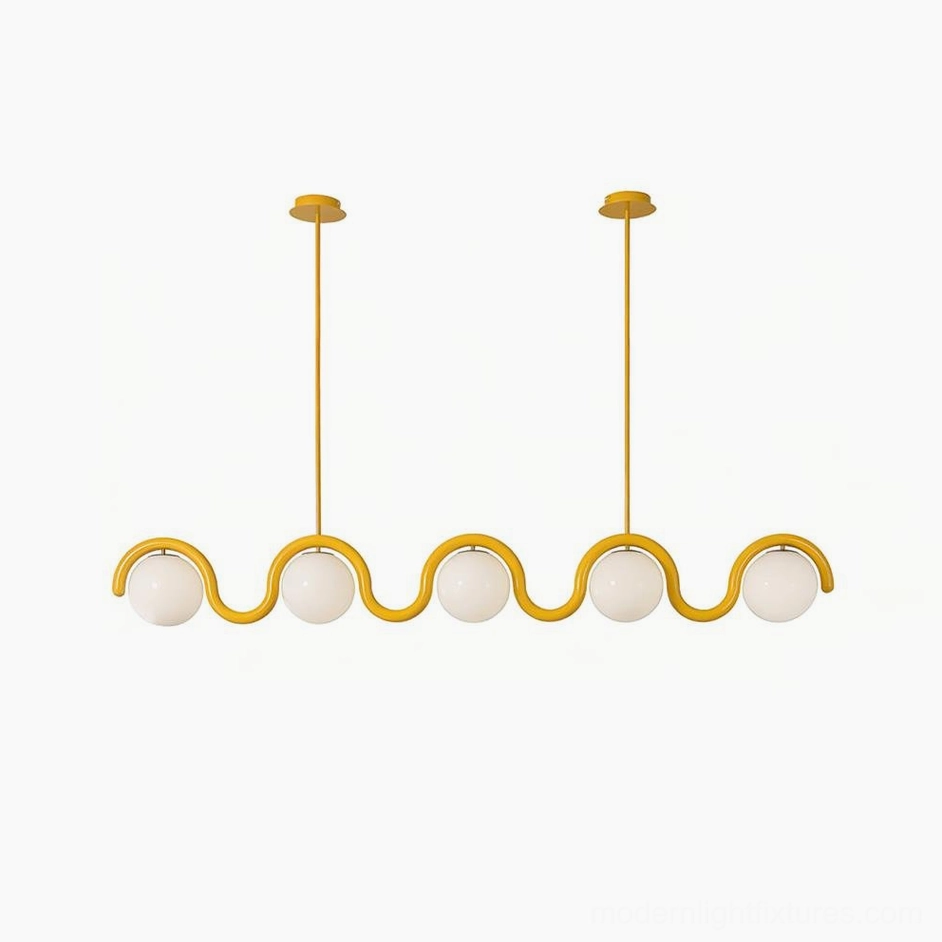 Contemporary 5-light wave chandelier with yellow metal frame and frosted glass globes