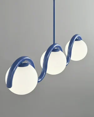 Close-up side view of blue wavy chandelier showing curved metal arms and matte frosted lamp shades