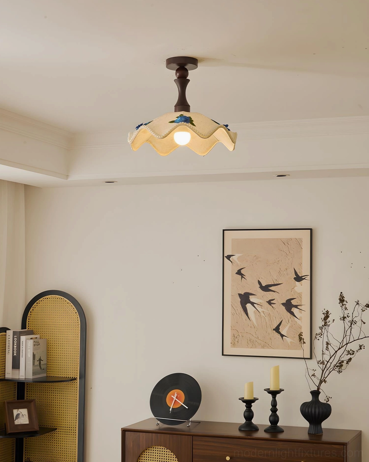 Bottom view of wavy scalloped ceiling lamp showing fabric shade construction and light diffusion characteristics