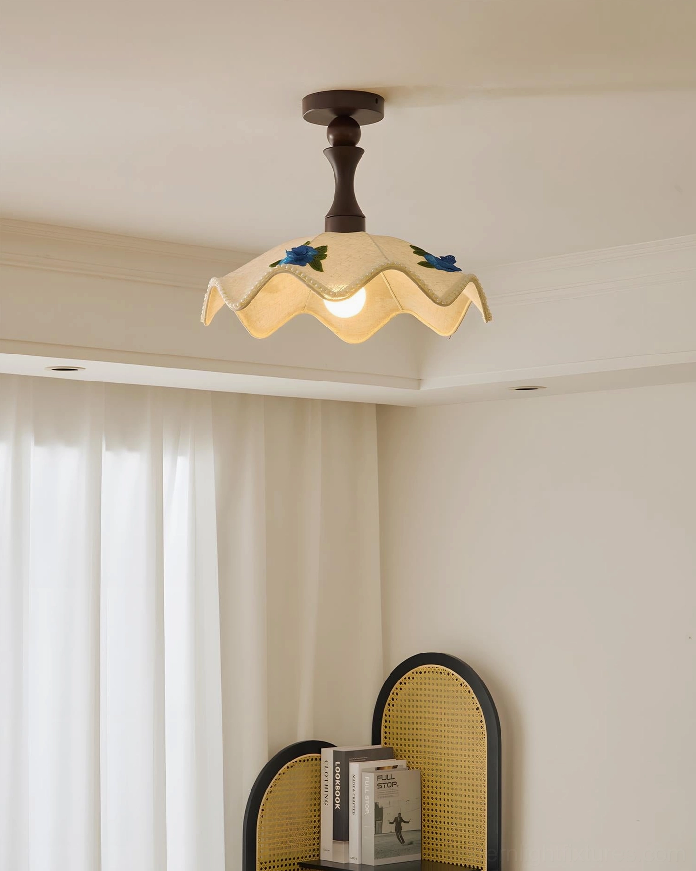 Wavy scalloped ceiling light fixture with hand-embroidered botanical details and sculptured wood mounting hardware