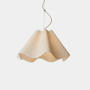 Wavy draped fabric pendant light with rippled scalloped edge, soft beige natural fabric shade, metal canopy, studio view on white background