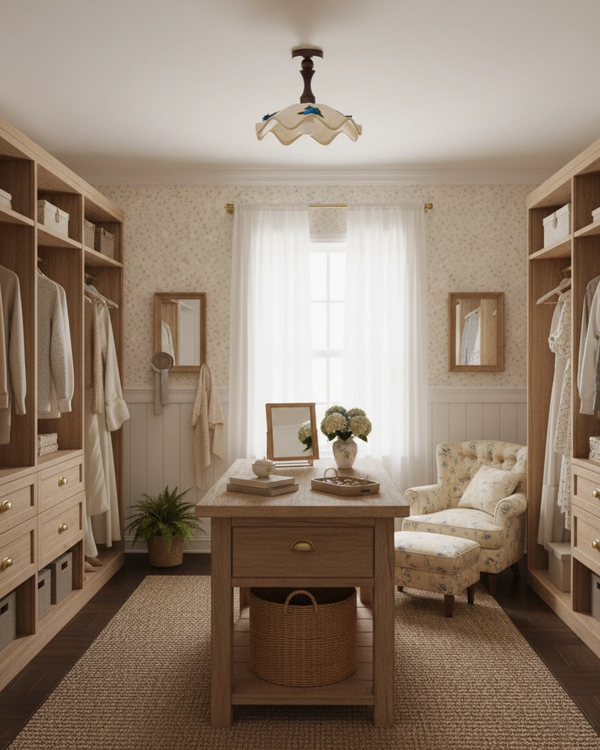 Modern wavy ceiling light fixture illuminating walk-in closet with wooden cabinetry and warm rustic home aesthetic
