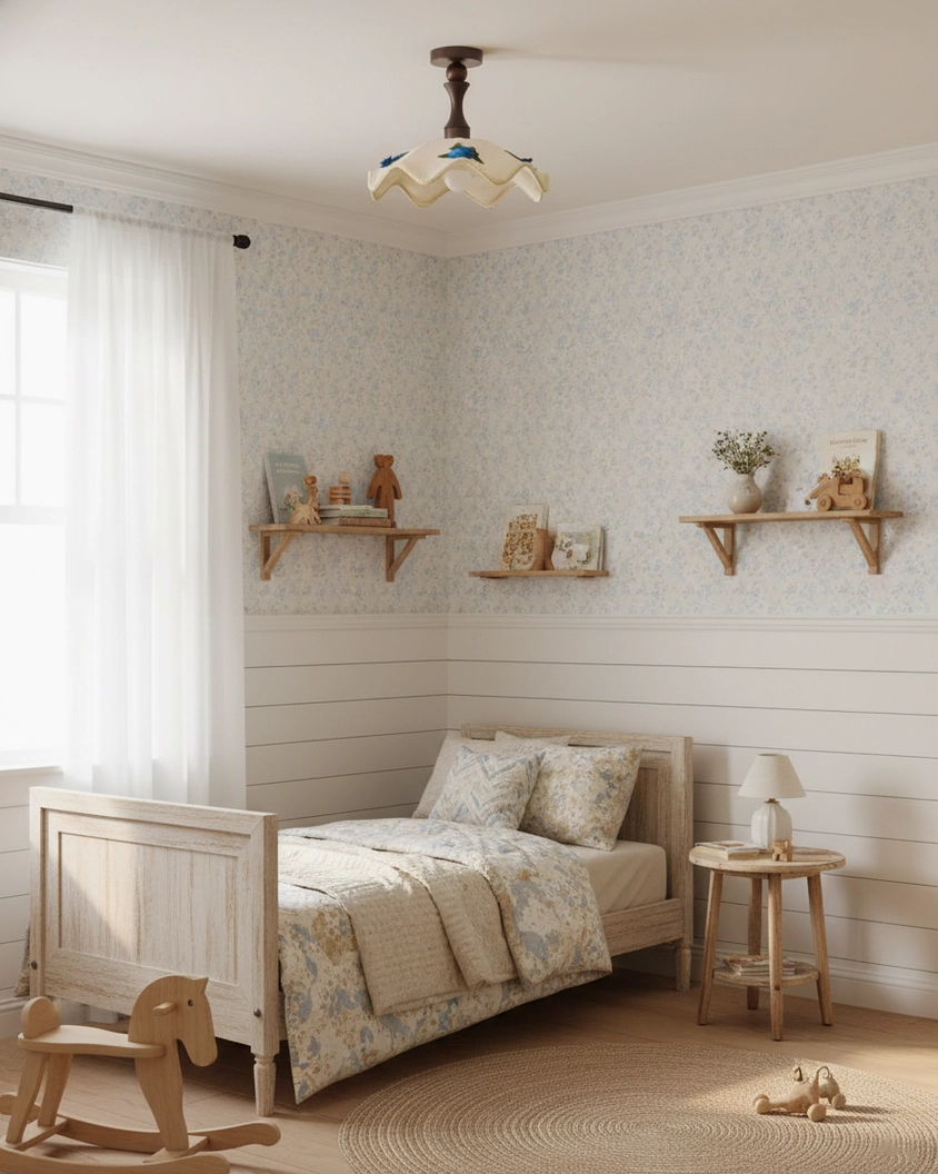 Modern wavy ceiling lamp installed in small cozy guest bedroom with wall shelves and soft home decor accessories
