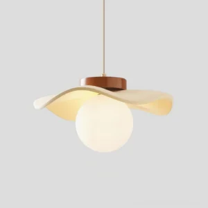 Contemporary pendant lamp overhead angle displaying frosted glass globe bulb beneath wavy shade structure