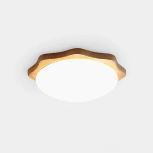Wavy maple wood flush mount ceiling light with white acrylic diffuser, overhead front view on plain background showing minimalist Nordic design