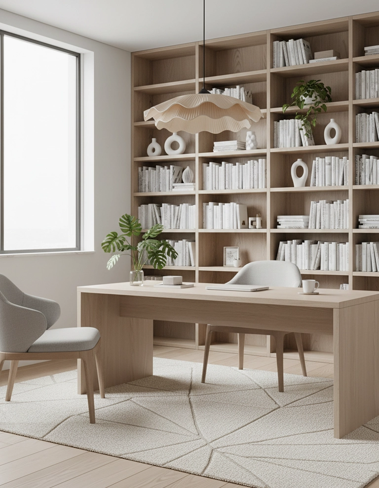Contemporary pleated pendant fixture in minimalist home office above wooden desk with natural light