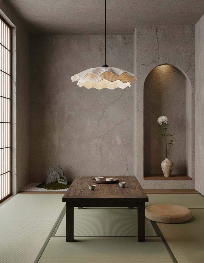 Close-up detail of white fabric pleated design on modern wavy pendant light fixture