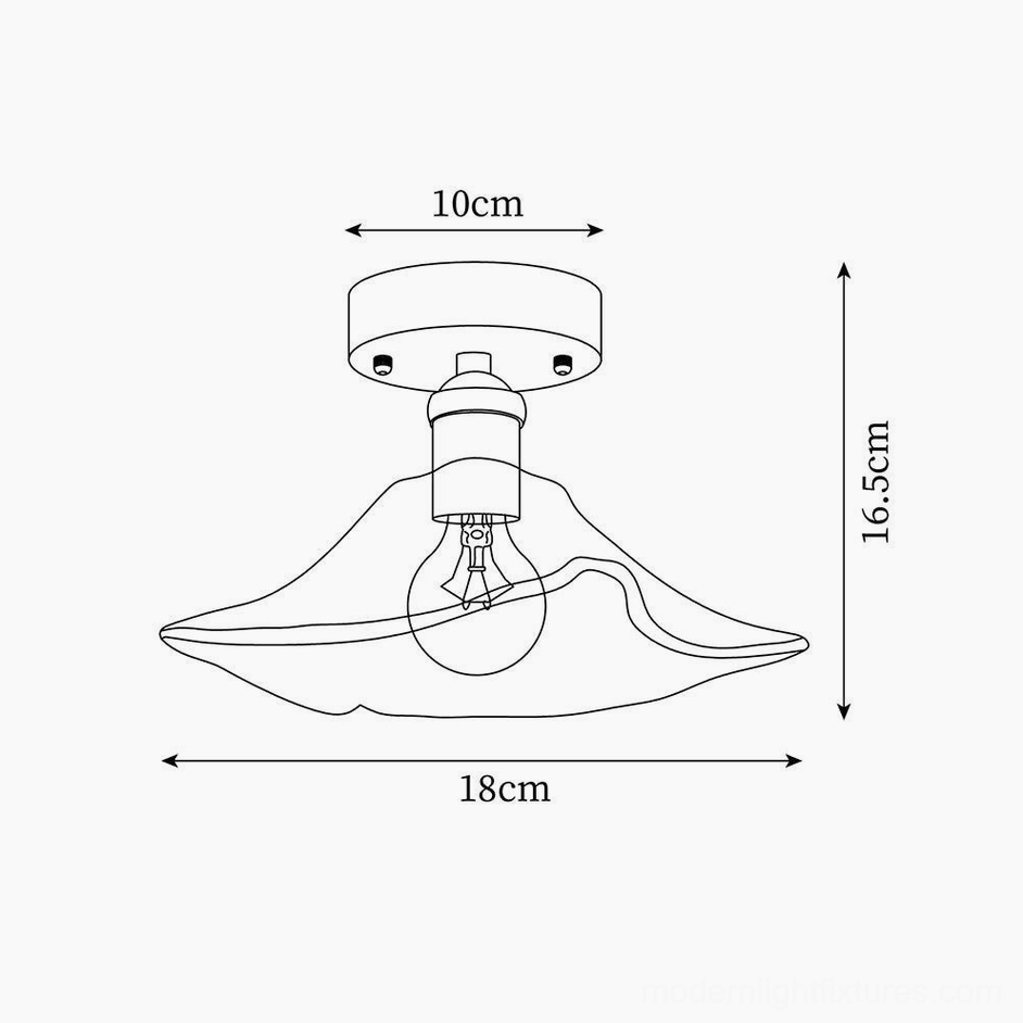 Wavy shade vintage amber glass semi-flush light technical drawing with 18cm width, 16.5cm height, 10cm canopy measurements