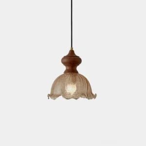 Weiana rippled glass pendant light with walnut wood accent and amber glass shade, front studio view showing minimalist design