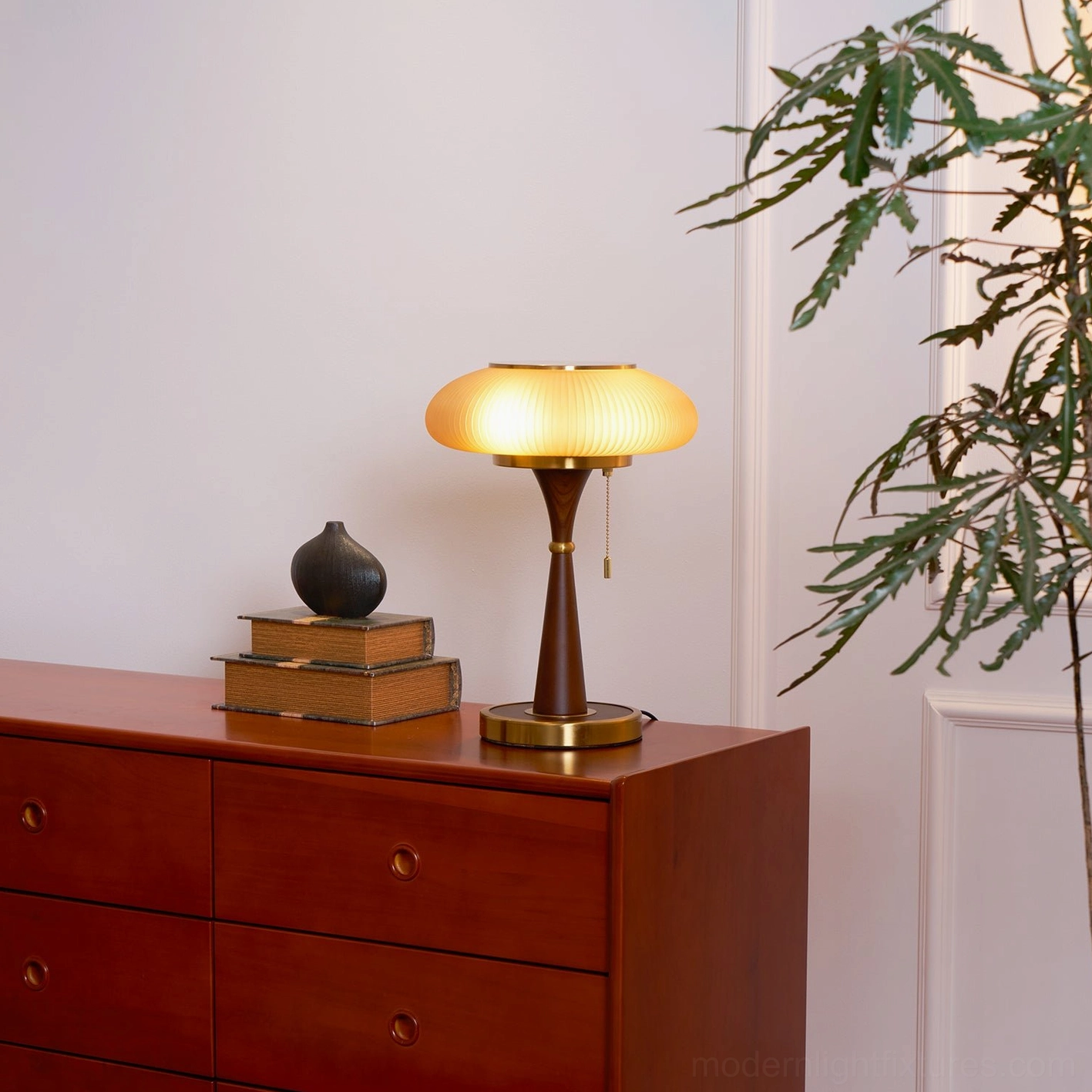 Welma pleated table lamp elegant mid-century modern design walnut wood pole gold metal accents studio view