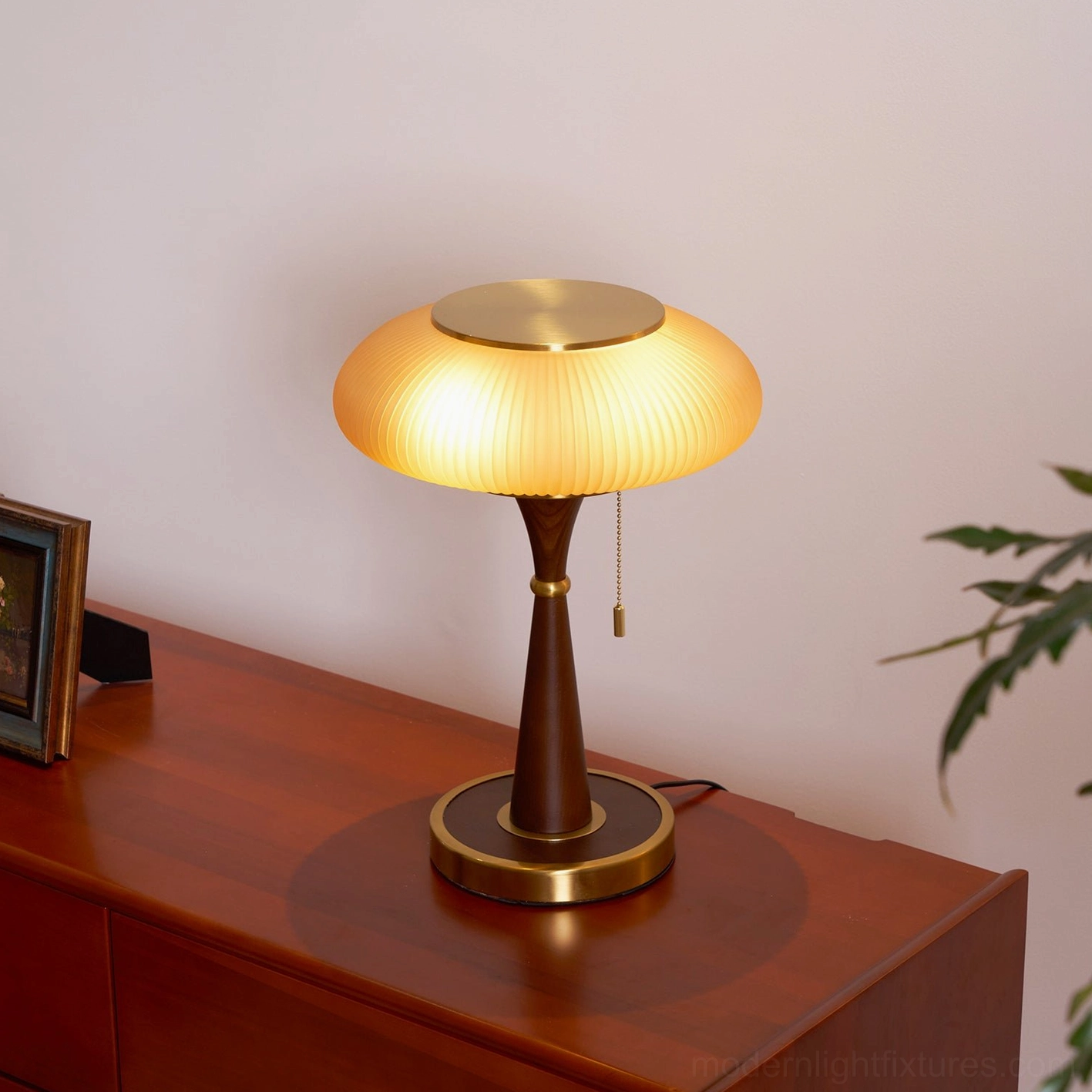 Welma mid-century modern pleated mushroom table lamp gold hardware walnut finish contemporary styling