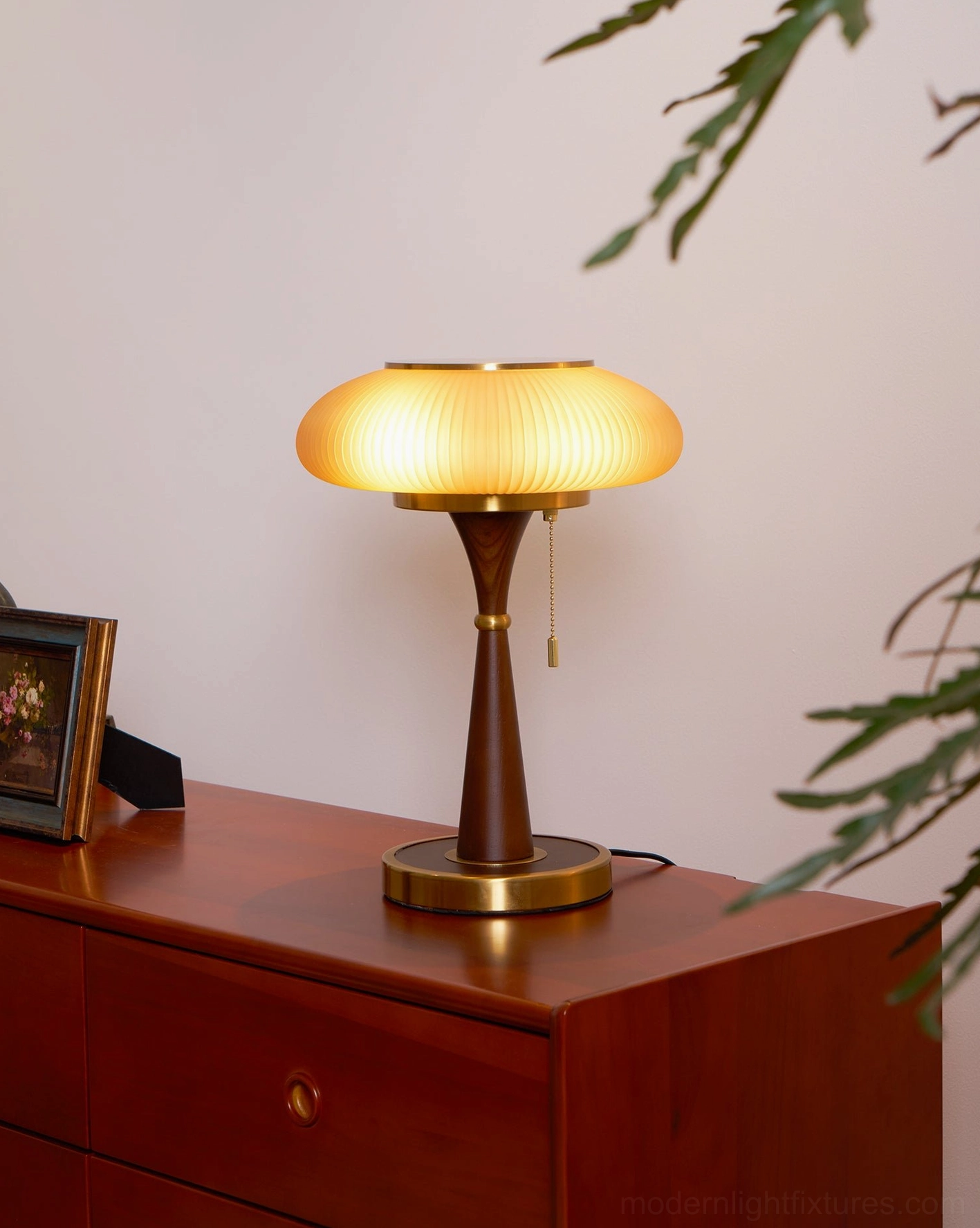 Welma modern pleated table lamp three-quarter angle walnut base metal accents mid-century design