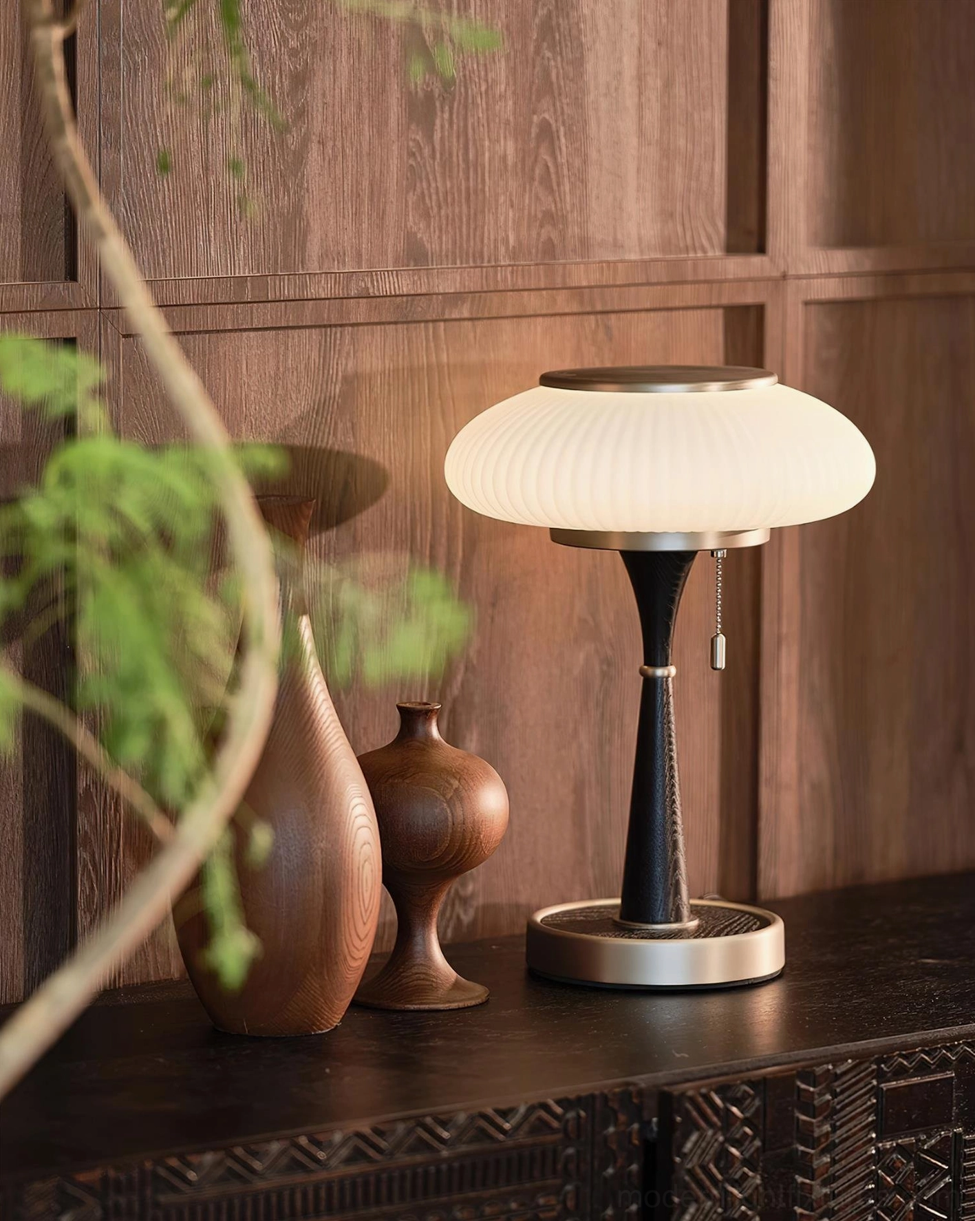 Welma mid-century pleated mushroom table lamp warm amber shade walnut wood base gold trim details