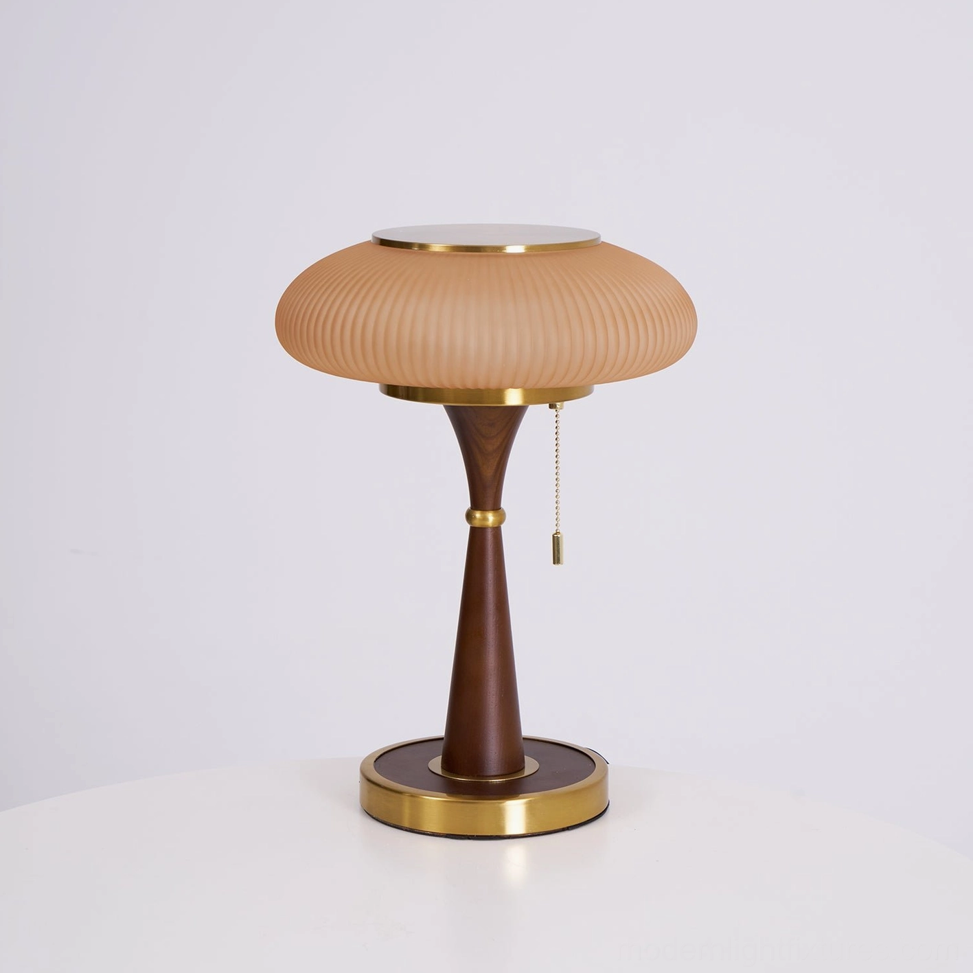 Welma pleated mushroom table lamp modern mid-century styling walnut wood base metal trim complete view