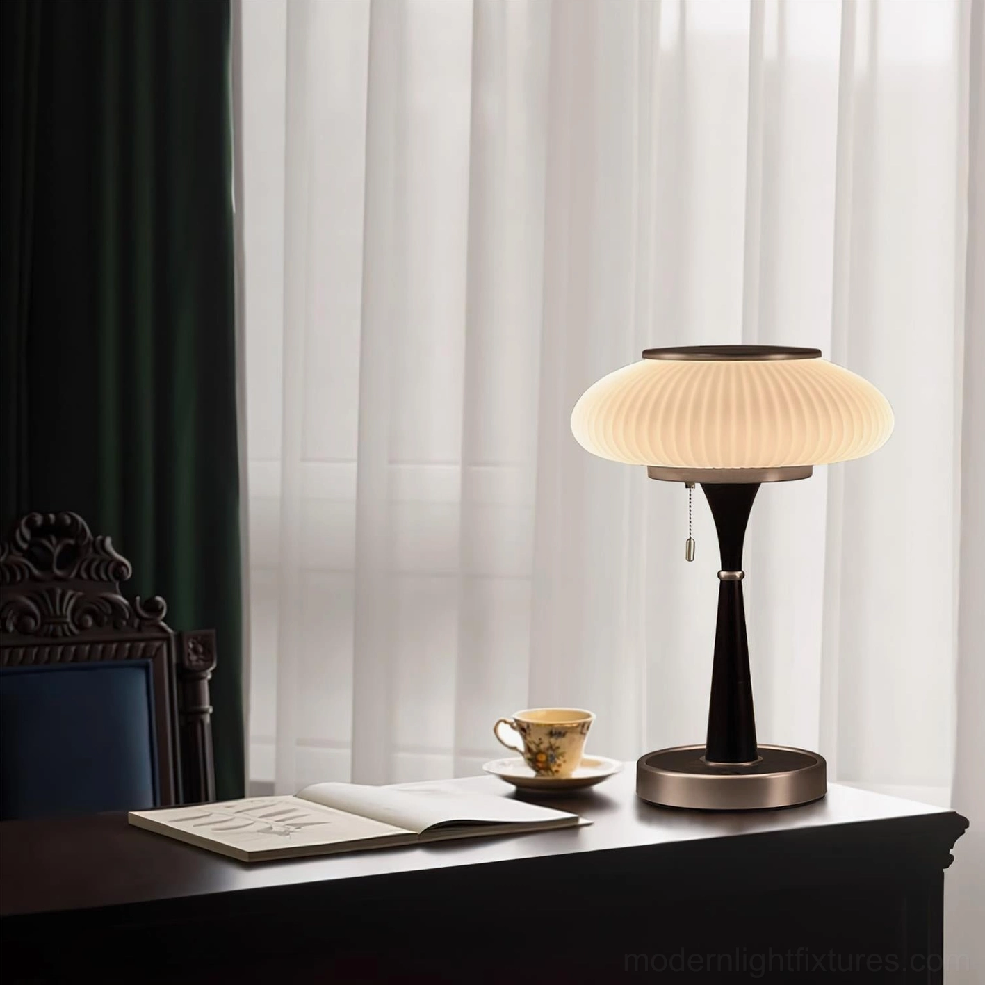 Welma mid-century modern table lamp pleated shade walnut wood base gold hardware ambient lighting