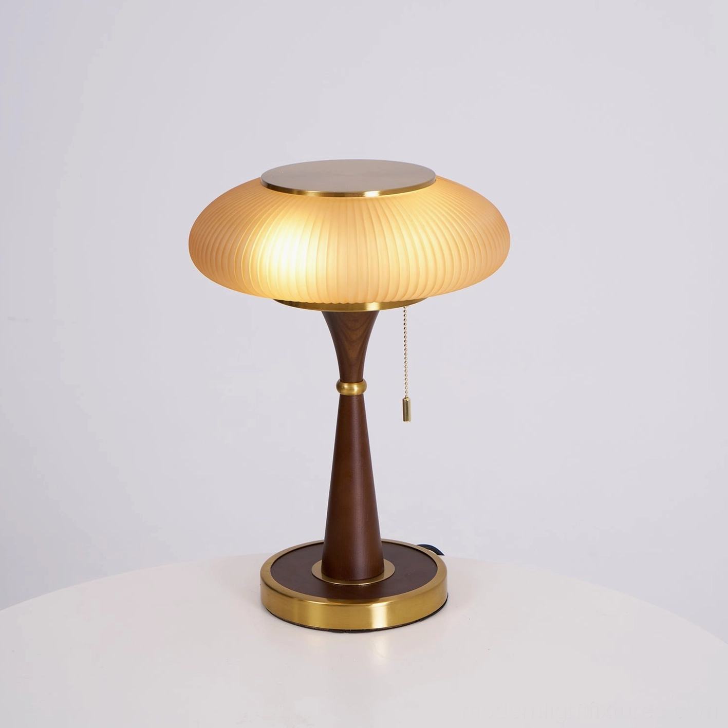 Welma mid-century modern pleated table lamp detail walnut base gold accents architectural shade design