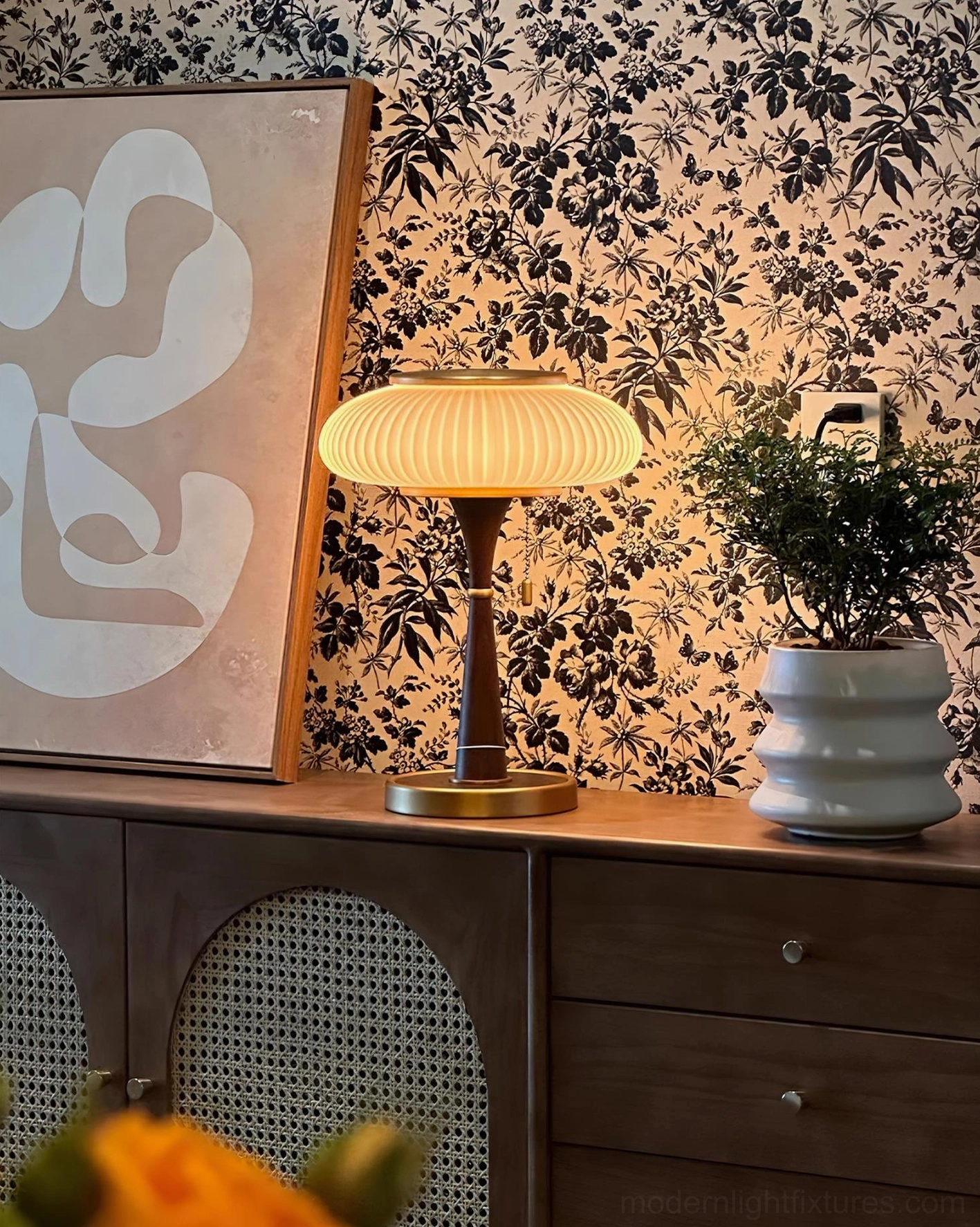 Welma pleated table lamp detail shot showing fabric shade texture ribs and metal hardware