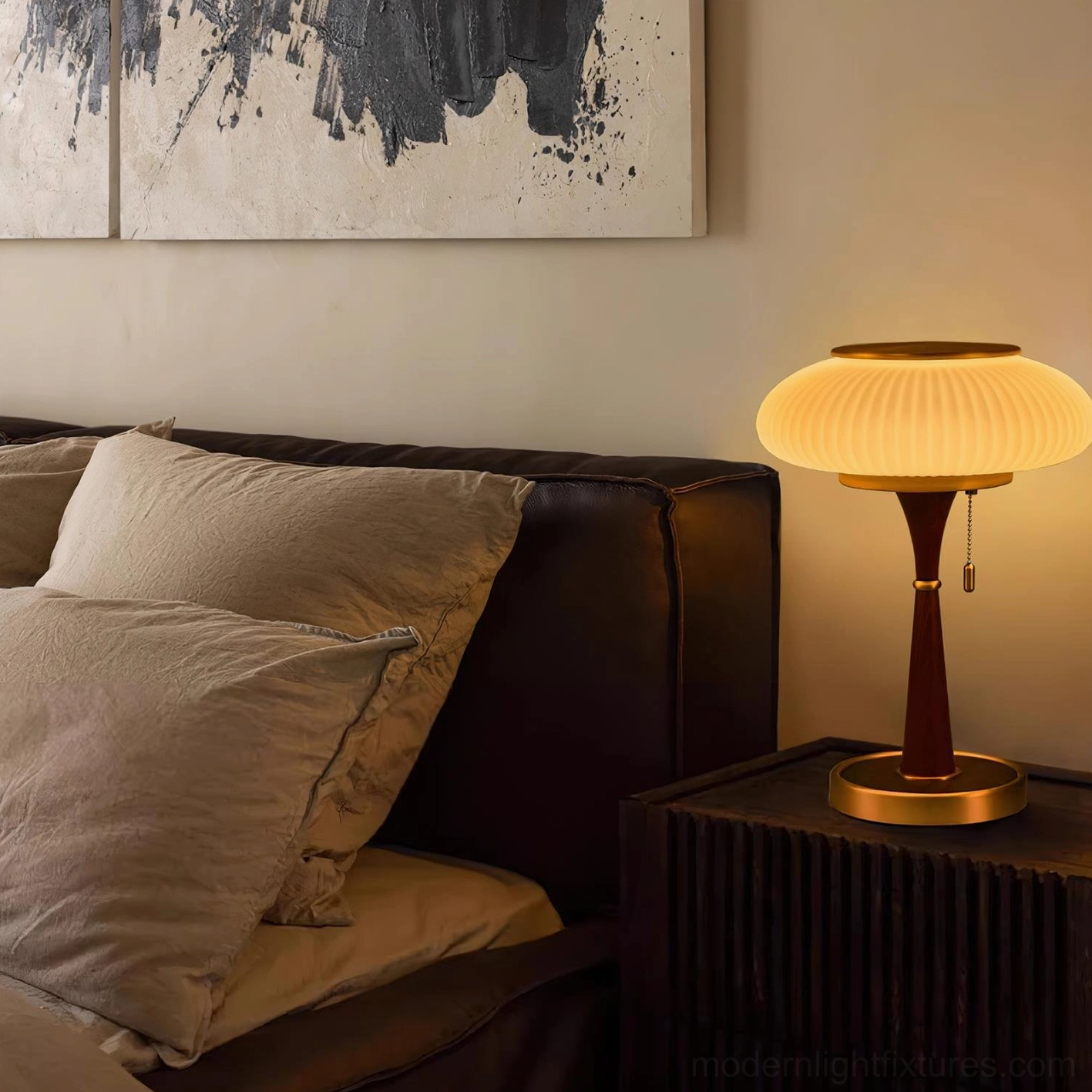 Welma pleated table lamp three-quarter view walnut base gold metal accents modern lighting fixture