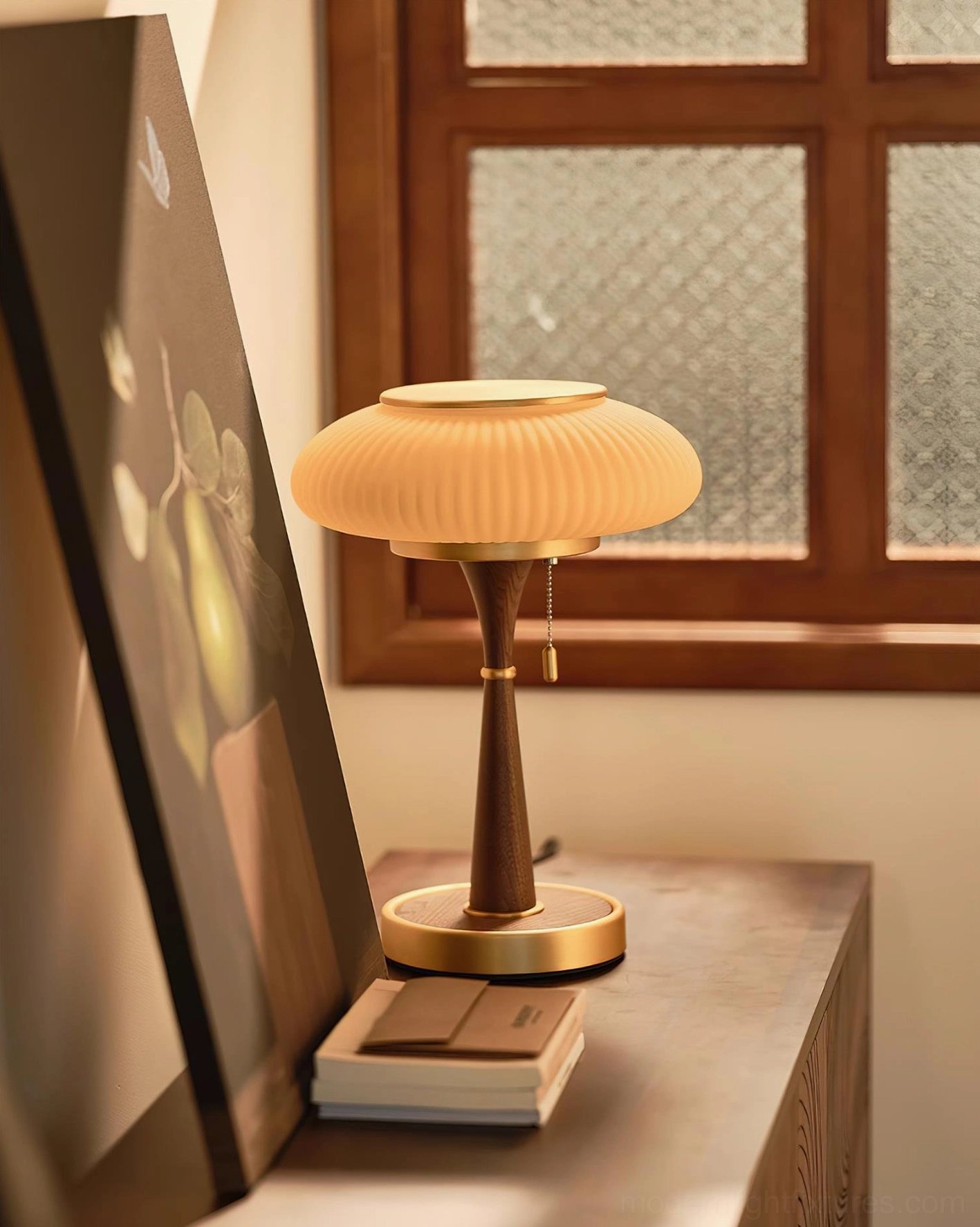 Welma mid-century modern pleated table lamp full height view walnut base gold metal accents warm lighting ambiance
