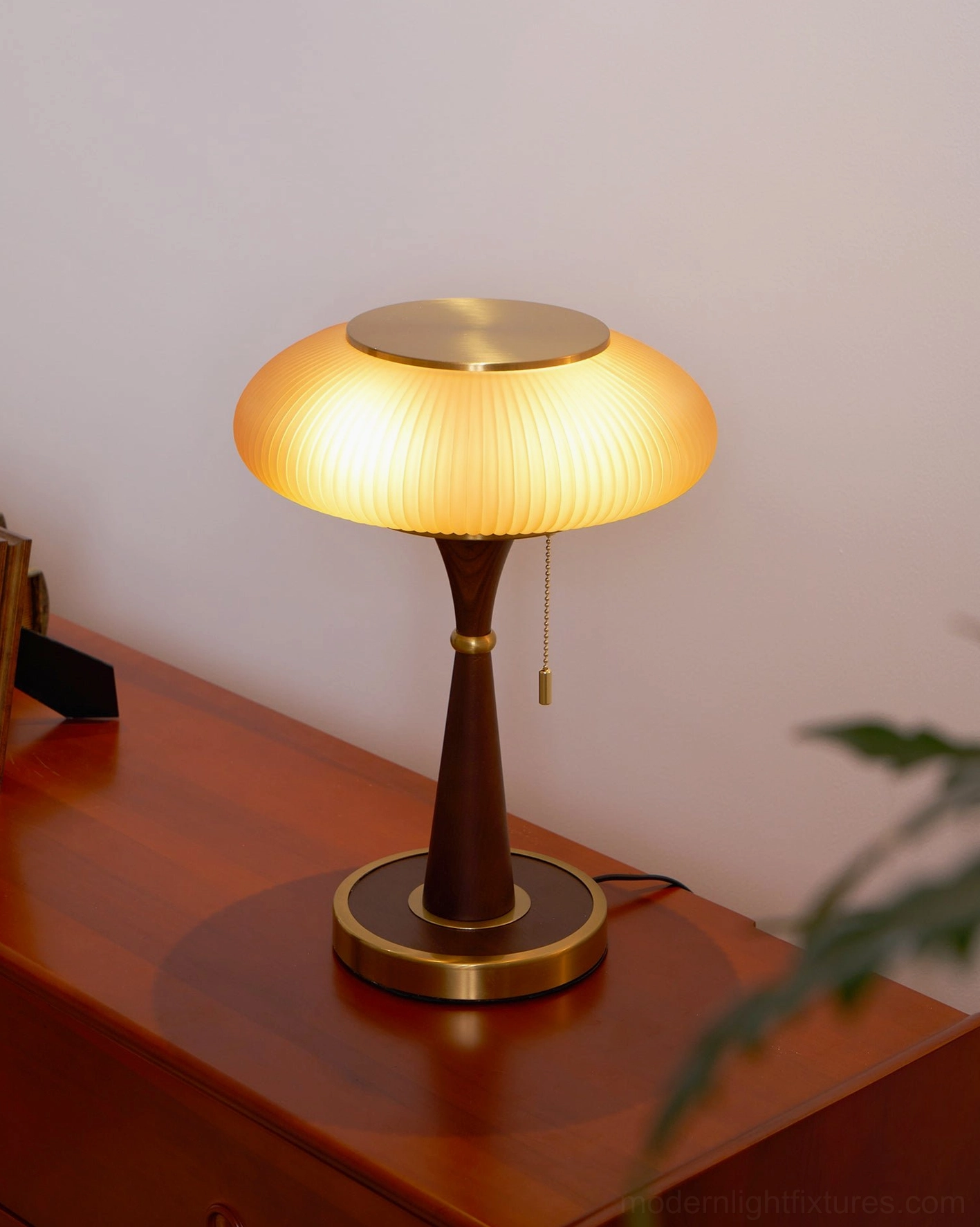 Welma pleated table lamp with ribbed fabric shade dark wood pole metal base modern lighting design